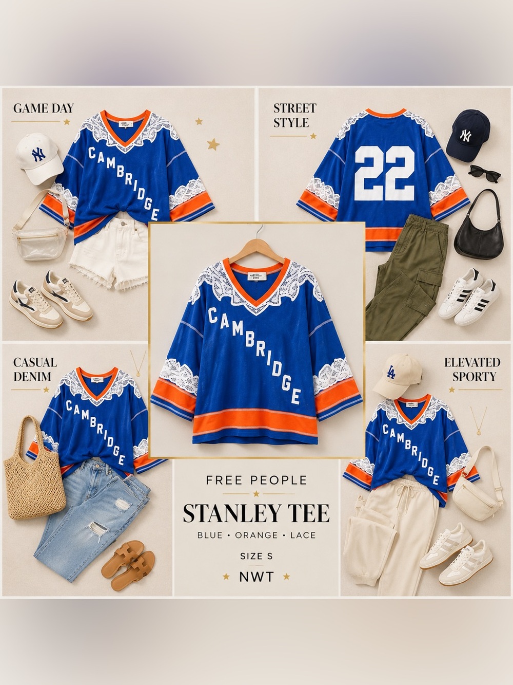 NWT Free People Stanley Tee Blue Orange Lace Jersey Top S - Picture 7 of 8